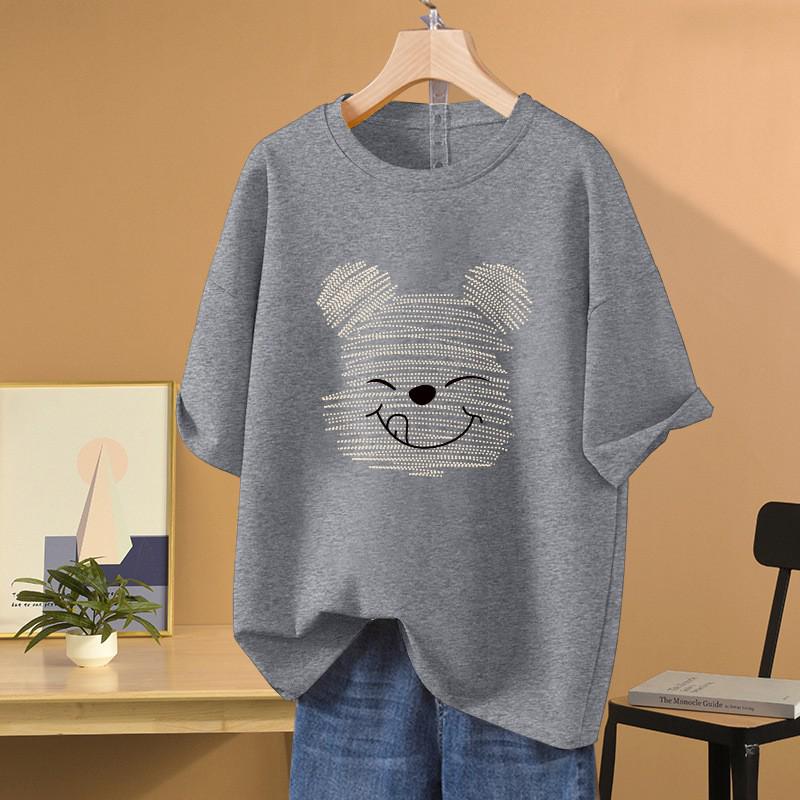 Women's Summer Loose Fit Cartoon Bear T-Shirt - Mid-Length, Round Neck, Short Sleeve, Versatile, Trendy Casual Style.