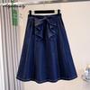 Korean Style Plus Size Summer Women Denim Skirt Elastic Waist Bow Navy Blue A-Line Skirt Elegant Feminine Ladies' Skirt XL-5XL