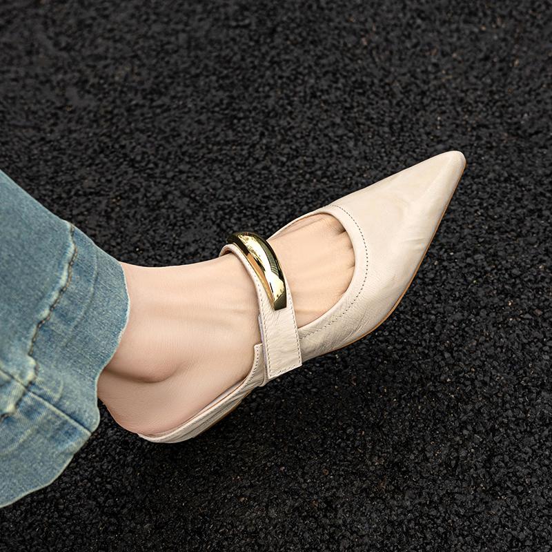 Fashion 2025 Summer Women Mules Genuine Leather Women Shoes Pointed Toe Med Heel Slippers Cover Toe Slingback Sandals Metal Buckle Shoe