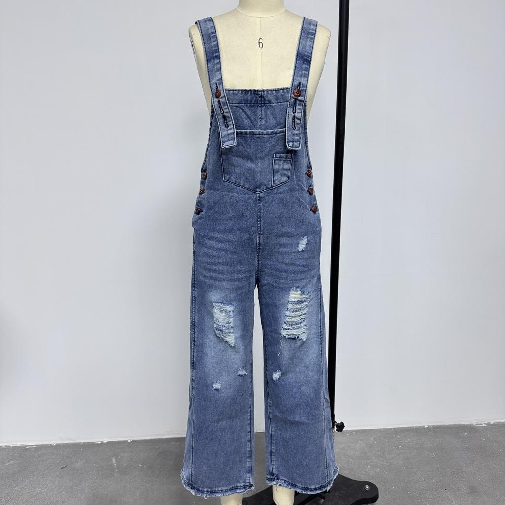 Retro Women Denim Bib Overalls Ripped Baggy Jean Jumpsuit Romper Pants with Pockets for Streetwear
