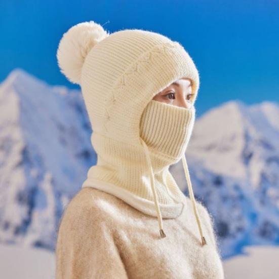 Women Windproof Knitted Hat with Fleece Lining 3-in-1 Hooded Scarf Cold Weather Skiing Hiking Headgear