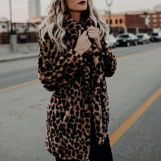 Luxury Women Long Sleeve Lapel Collar Print Woolen Leopard Thick Warm Midi Coat