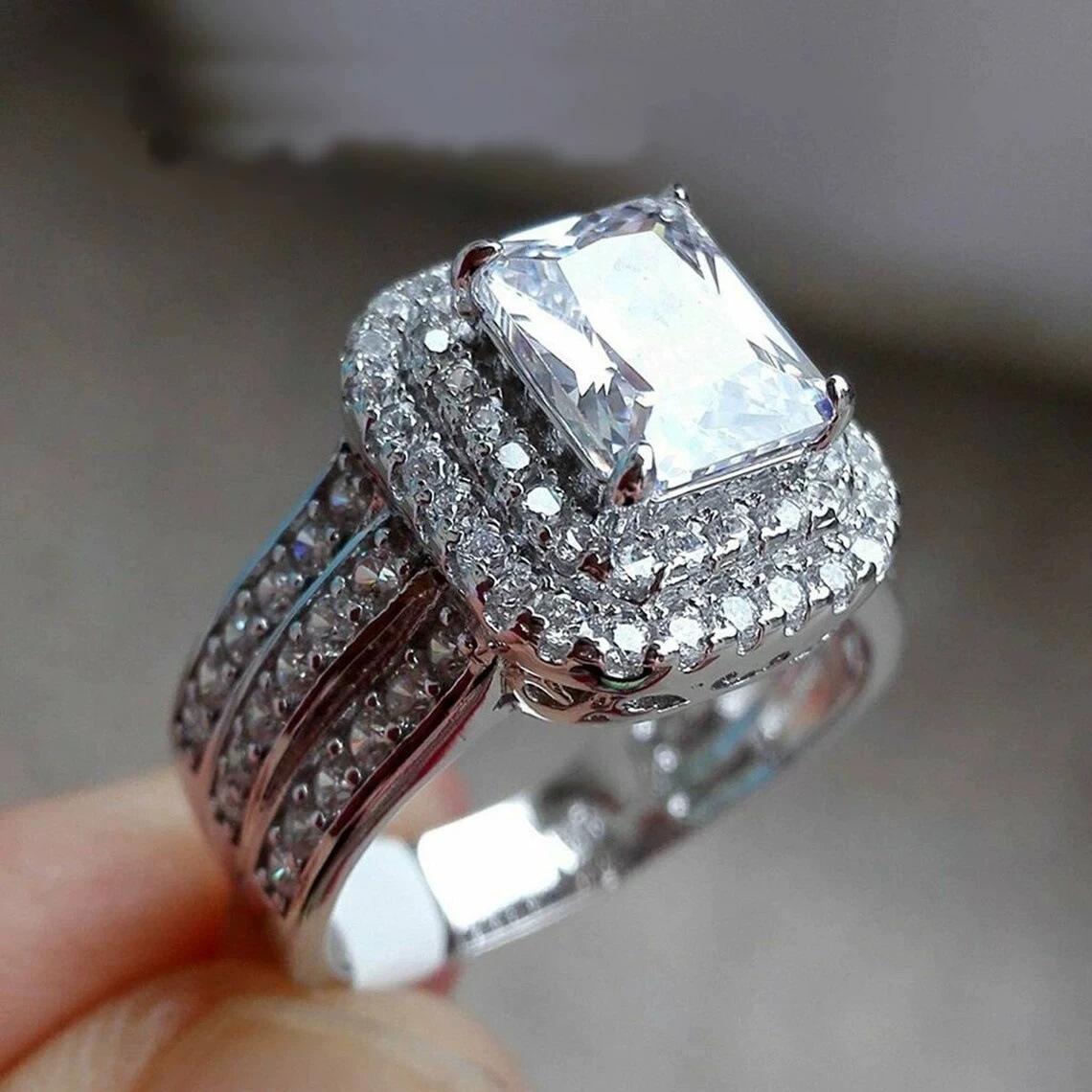 2026 Новая Мода Круглая Полностью Алмазная Квадратная Белая Циркониевая Вставка Кольцо Украшение Помолвочное Свадебное Легкая Роскошь Атмосферное Кольцо no. 6