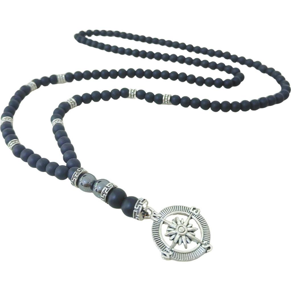 Matte Black Agate Alloy Compass Pendant Necklace - Simple Classic Yoga Design