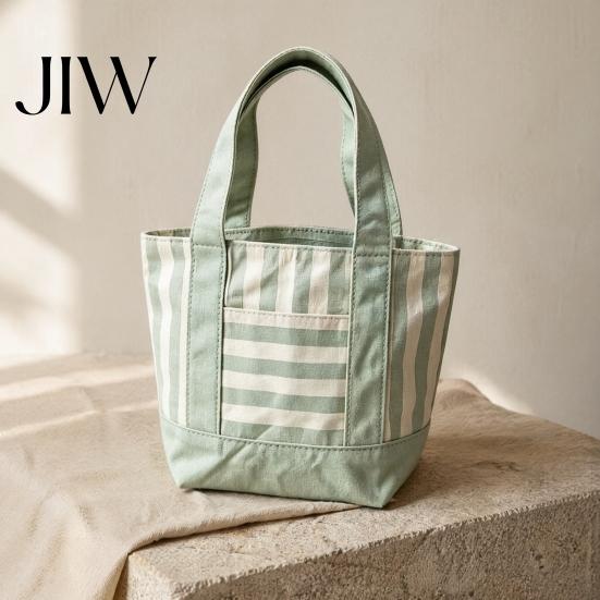 Durable Canvas Bag Striped Tote Bag, Stylish Reusable Grocery with Shoulder Strap Front Pocket, for Shopping Picnic Commuting Large