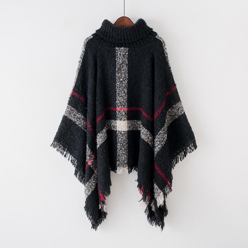European and American High Neck Plaid Cape - Batwing Sleeve Knitted Pullover Shawl for Women