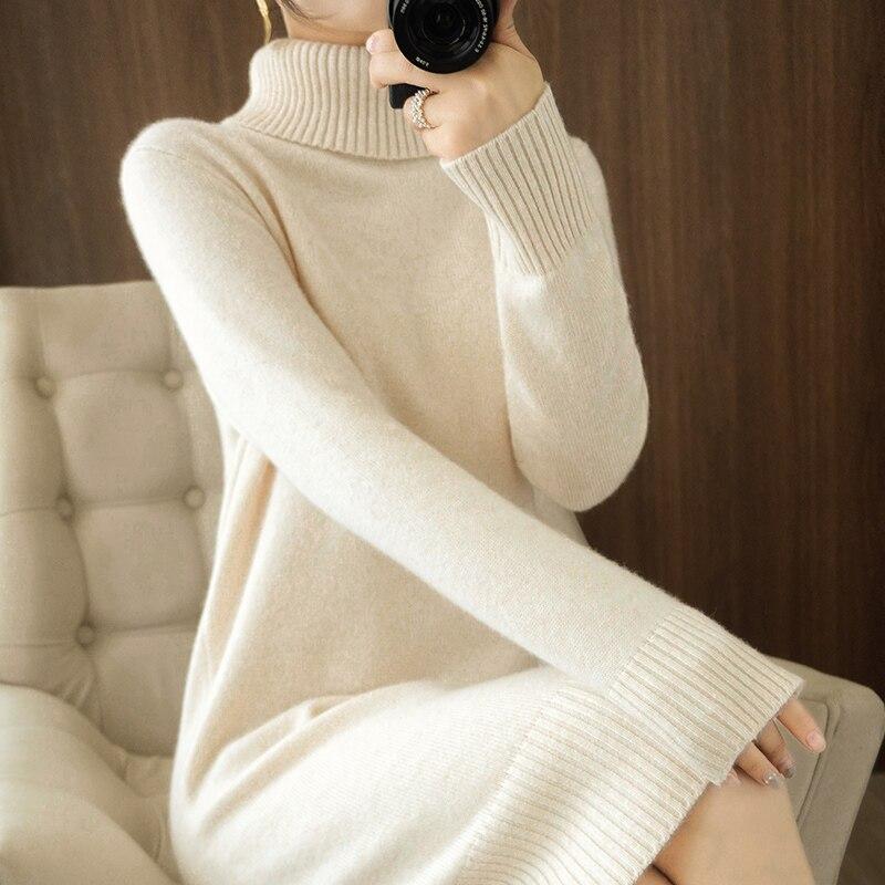 Autumn Winter High Collar Pullover Women's Wool Sweater Long Section Cashmere Dress Bag Hip Split Loose Loose Thick Top