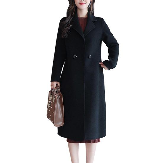 Women Autumn Winter Solid Color Woolen Coat Lapel Long Sleeve Two Buttons Pockets Mid-length Woolen Cardigan Outwear