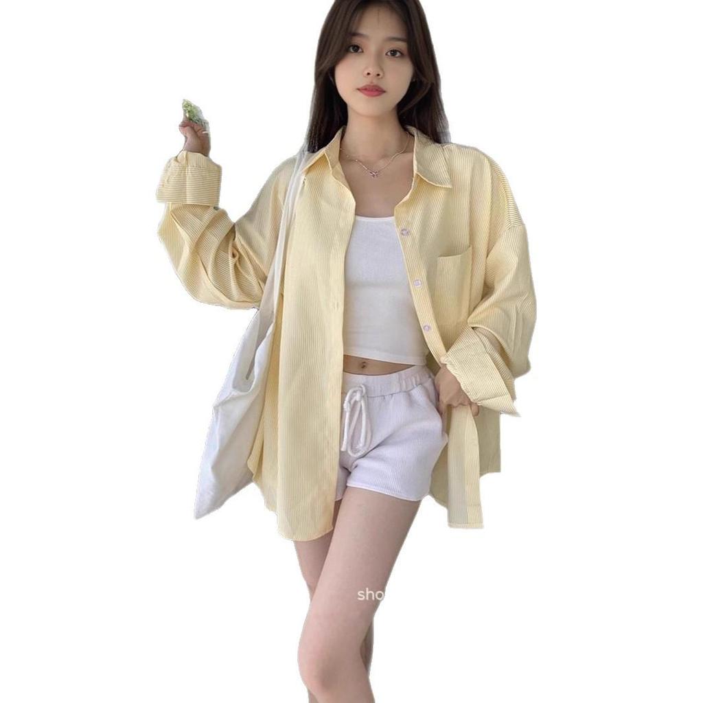 Yellow Striped Cotton Long Sleeve Korean Casual Blouse with Turn-Down Collar, Sun Protection, Spring/Autumn Cardigan.