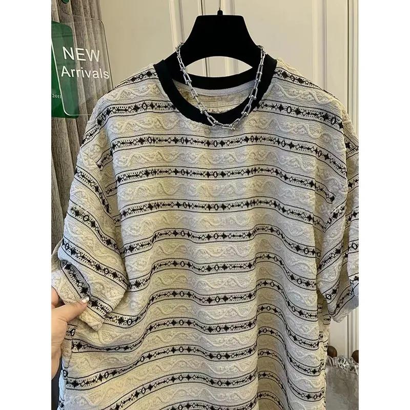 Striped Jacquard Short-sleeved T-shirt Women's Summer Loose High-end Temperament Mid-length Top Trendy