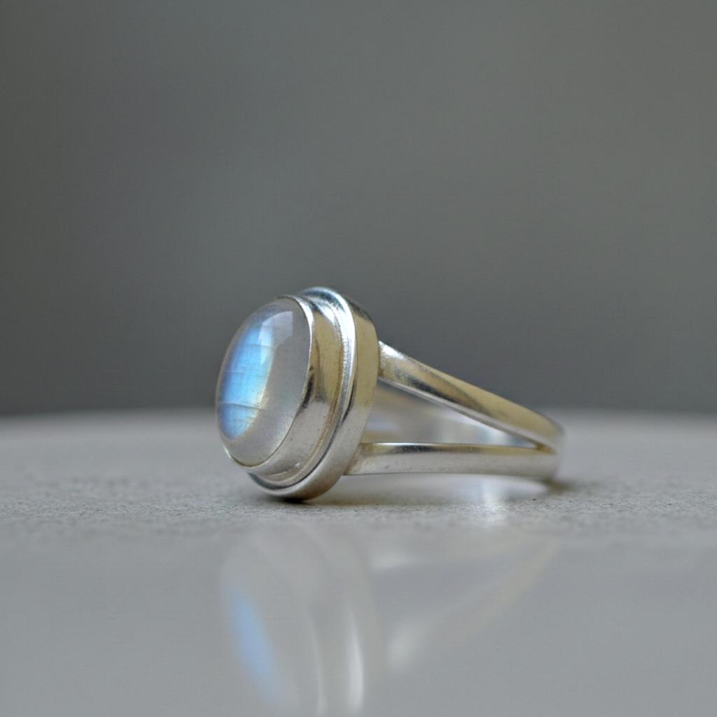 Minimalist Rainbow Moonstone Statement Ring, 925 Solid Sterling Silver Jewelry, Handmade Bohemian Ring