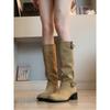 Sheepskin Version~ Retro Belt Buckle Tall Knight Boots Thick Heel Thin Western Cowboy Boots Women's Knee Boots