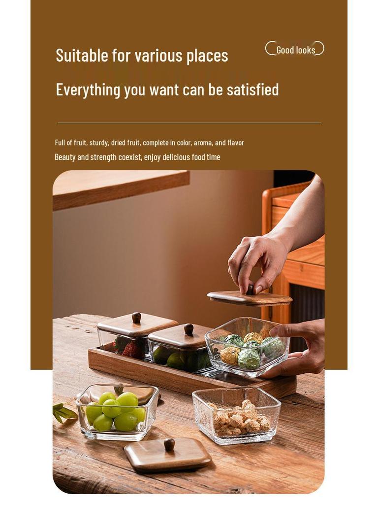 Compartmented Walnut Wood and Glass Snack Tray