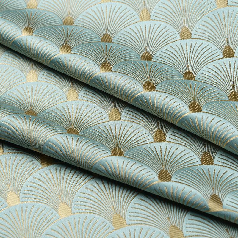 50x150cm Lesklá Zlatá Modrá Žakárová Látka ve Tvaru Vějíře List Ginkgo Tkaná Brokátová Látka Pro DIY Cheongsam Šaty Bundu