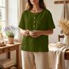 Women Short Sleeve Henley Neck Button Down Linen Cotton Shirt with Chest Pocket Relaxed Fit Casual Top Blouse for Daily Wear