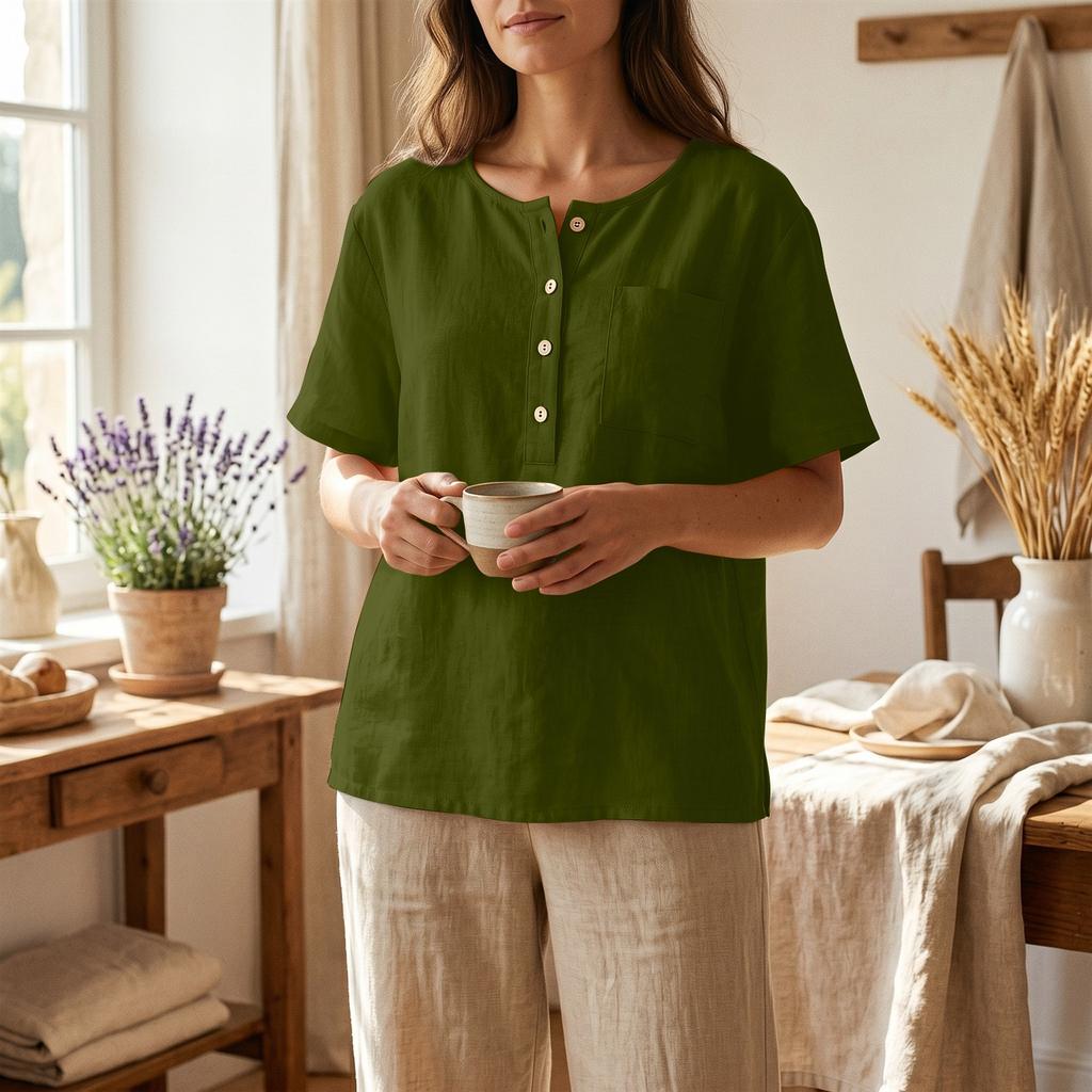 Women Short Sleeve Henley Neck Button Down Linen Cotton Shirt with Chest Pocket Relaxed Fit Casual Top Blouse for Daily Wear