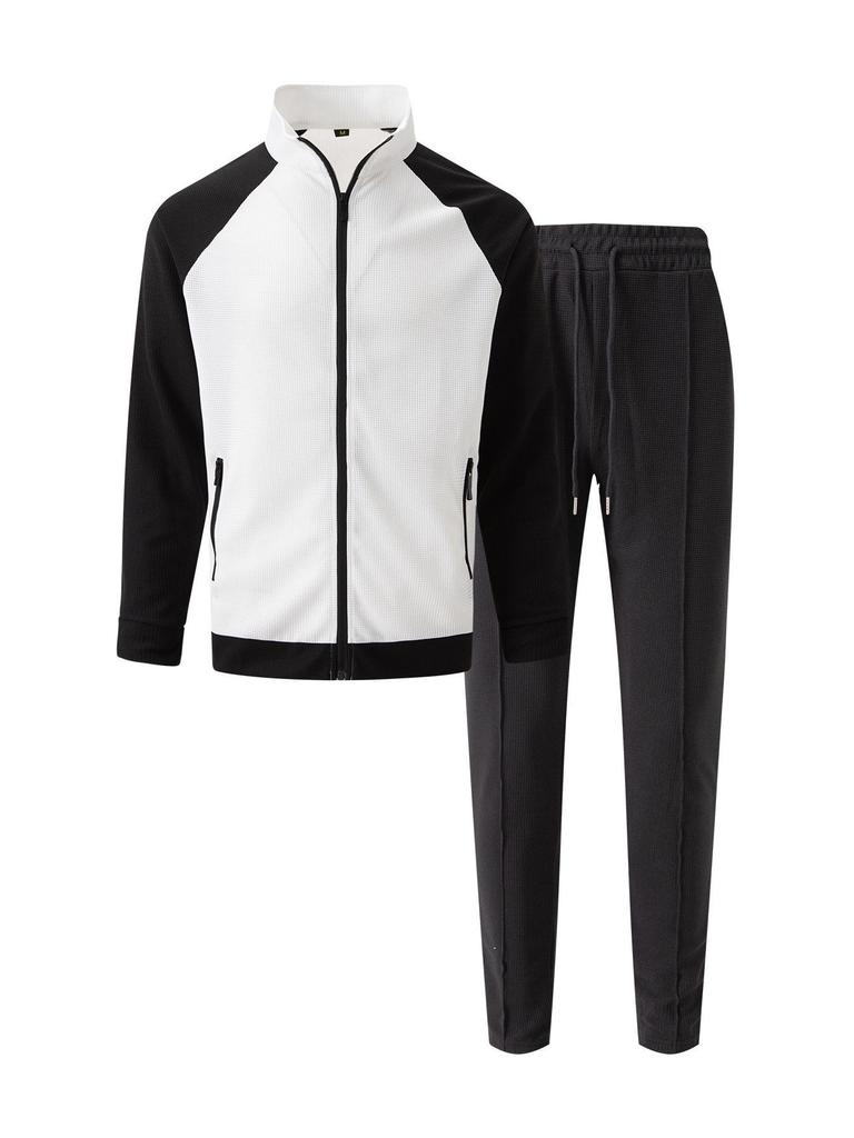 Men's Color Block Waffle Jacket and Sportswear Set - Autumn/Winter Collection