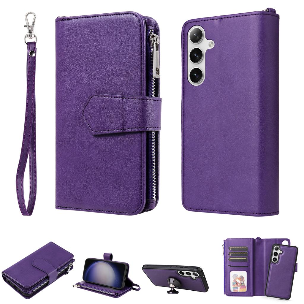 For Samsung Galaxy S25/S24 Magnetic Leather Case Mobile Cover with Detachable Zipper Wallet Strap