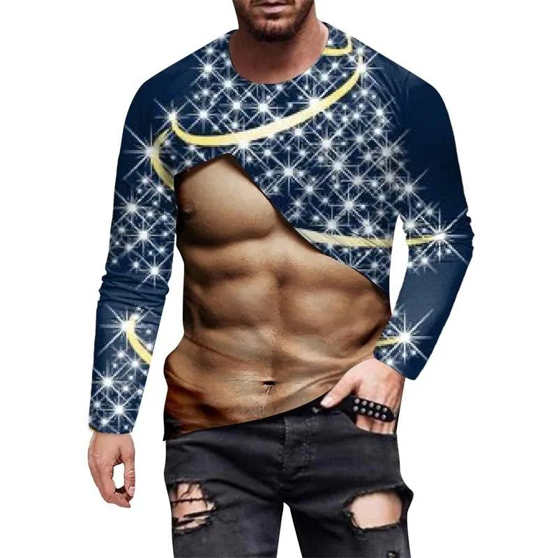 Men Christmas Muscle Men Fun T-Shirt Fashion 3d Printed Round Neck Long Sleeve Street Personality Breathable Plus Size Pullover
