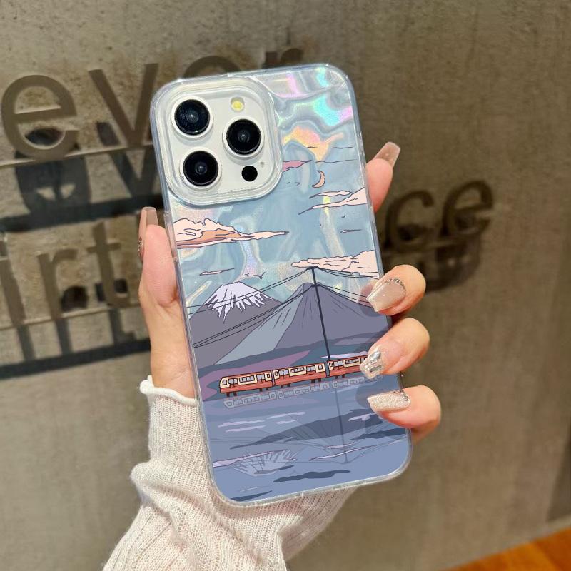 Cartoon Mountain Print Glitter Phone Case For iPhone 16 15 Pro Max 14 Pro 13 12 11 Clear Shockproof Hybrid TPU PC Glossy Slim Cover