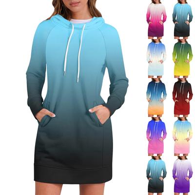 Women's Fall Gradient Color Long Sleeve Tops Round Neck Patchwork Sweatshirt Casual Raglan Sleeve Hooded Dresses