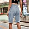Women's High Waisted Distressed Bermuda Denim Shorts Knee Length Ripped Stretchy Jean Shorts with Pockets Frayed Hem Short Pants