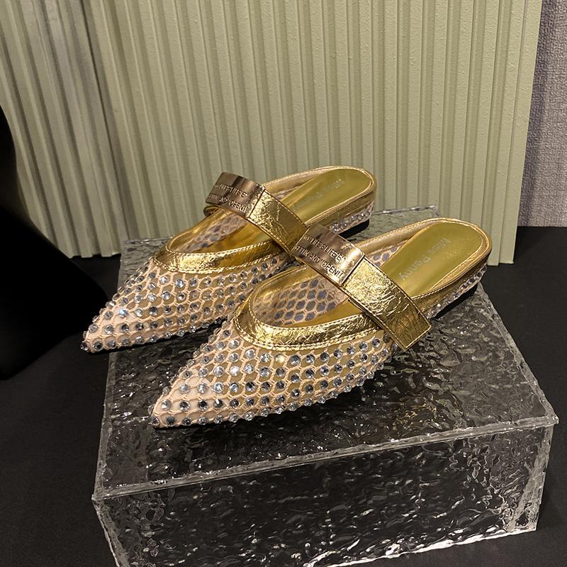 Summer Women Slippers 2025 New Rhinestone Leisure Slipper Retro Pointed Toe Metal Buckle Fashion Half Slipper Sandalias De Mujer