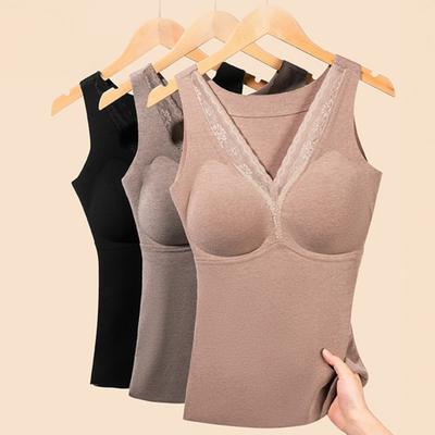 Women Thermal Tank Top Lace V Neck Fleece Lined Base Layer Thick Sleeveless Padded Undershirts Warm Camis Underwear Top for Cold Weather