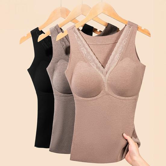 Women Thermal Tank Top Lace V Neck Fleece Lined Base Layer Thick Sleeveless Padded Undershirts Warm Camis Underwear Top for Cold Weather