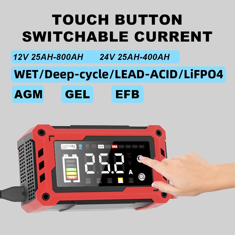 12V-24V 25A /15A Autobatterieladegerät Booster Touchscreen Impulsreparatur Schnellladung für AGM GEL Blei-Säure LiFePO4