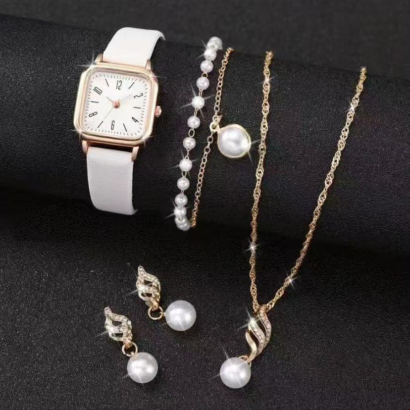 Women's watch, simple new model, five-piece set, round jewelry wristwatch set, women's high-end, light luxury, fashionable women's watch