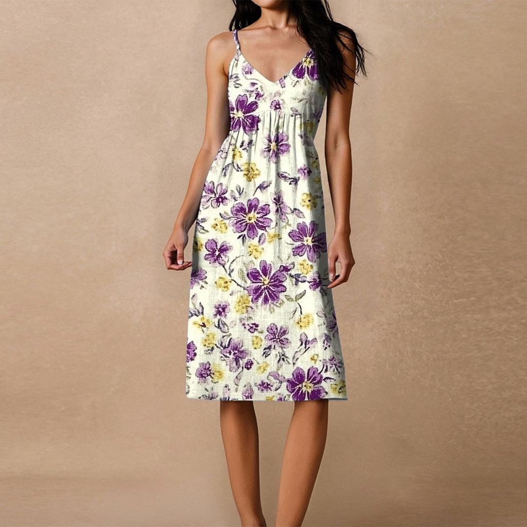 Damen Spaghetti-Träger Rückenfrei Schleife Locker Lässig Strandurlaub Blumenmuster Kleid Sommerkleid
