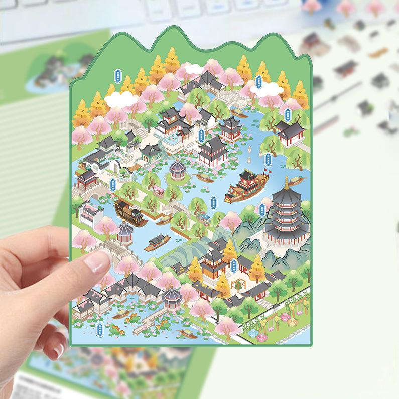 Cartoon Large Landscape Spring Travel West Lake Scene Sticker 3D Miniature World Unzipped DIY Scene Account