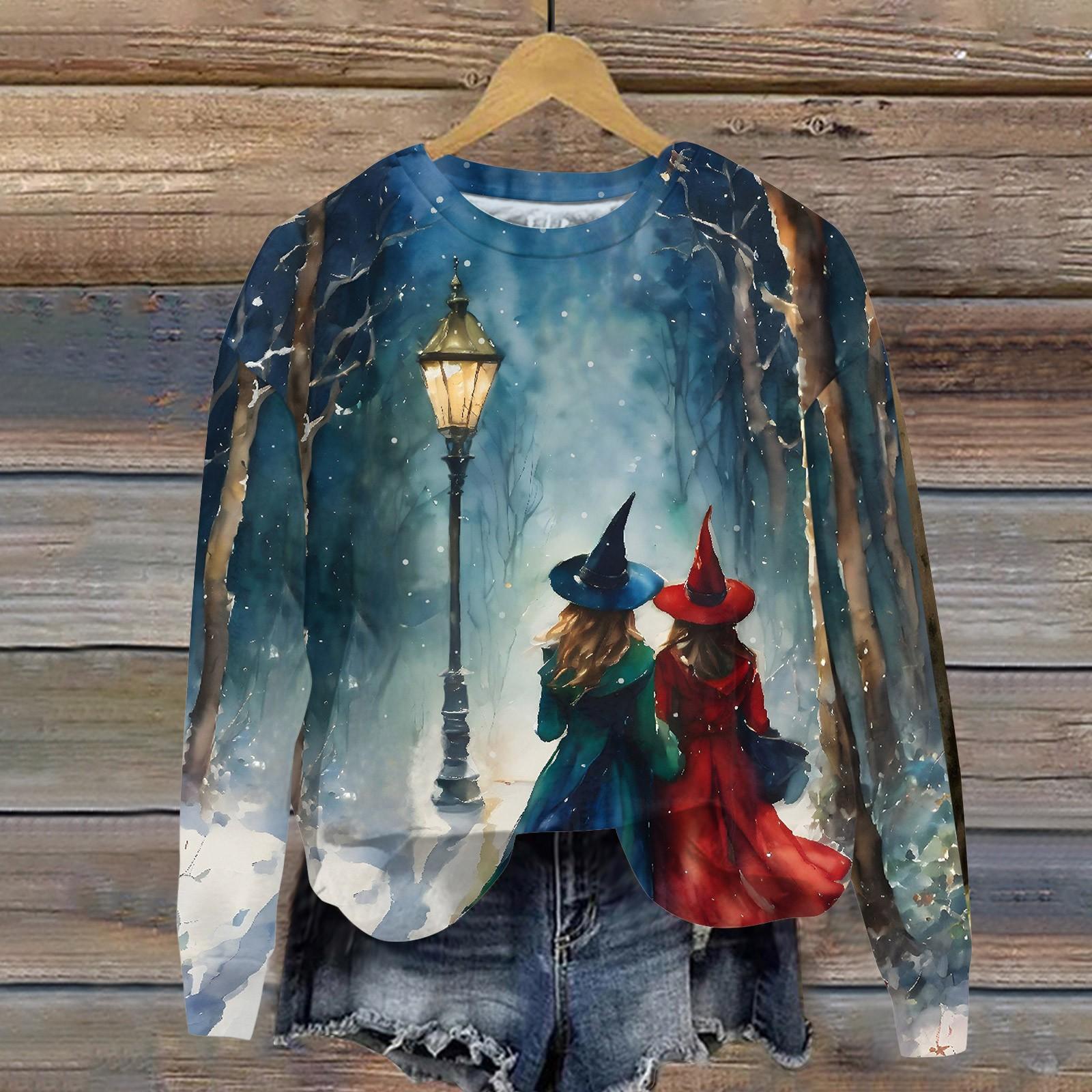 

Жіночий повсякденний топ з довгими рукавами з круглим вирізом і принтом на Хеллоуїн з довгими рукавами вільного крою S синій