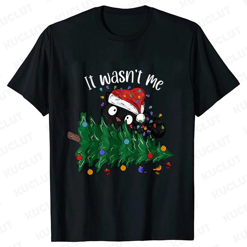 It Wasn's Me Christmas Cat Men T-shirt Christmas Tree Casual Fashion Xmas Aesthetic Short Sleeve Tees