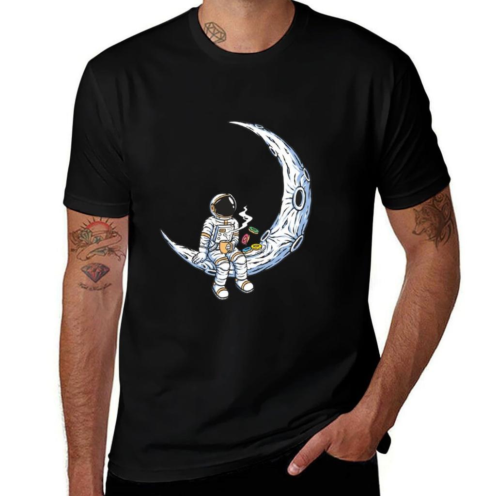 Astronaut Having Cafee On the Moon Alone T-Shirt Casual Simple Design Short Sleeve Shirt