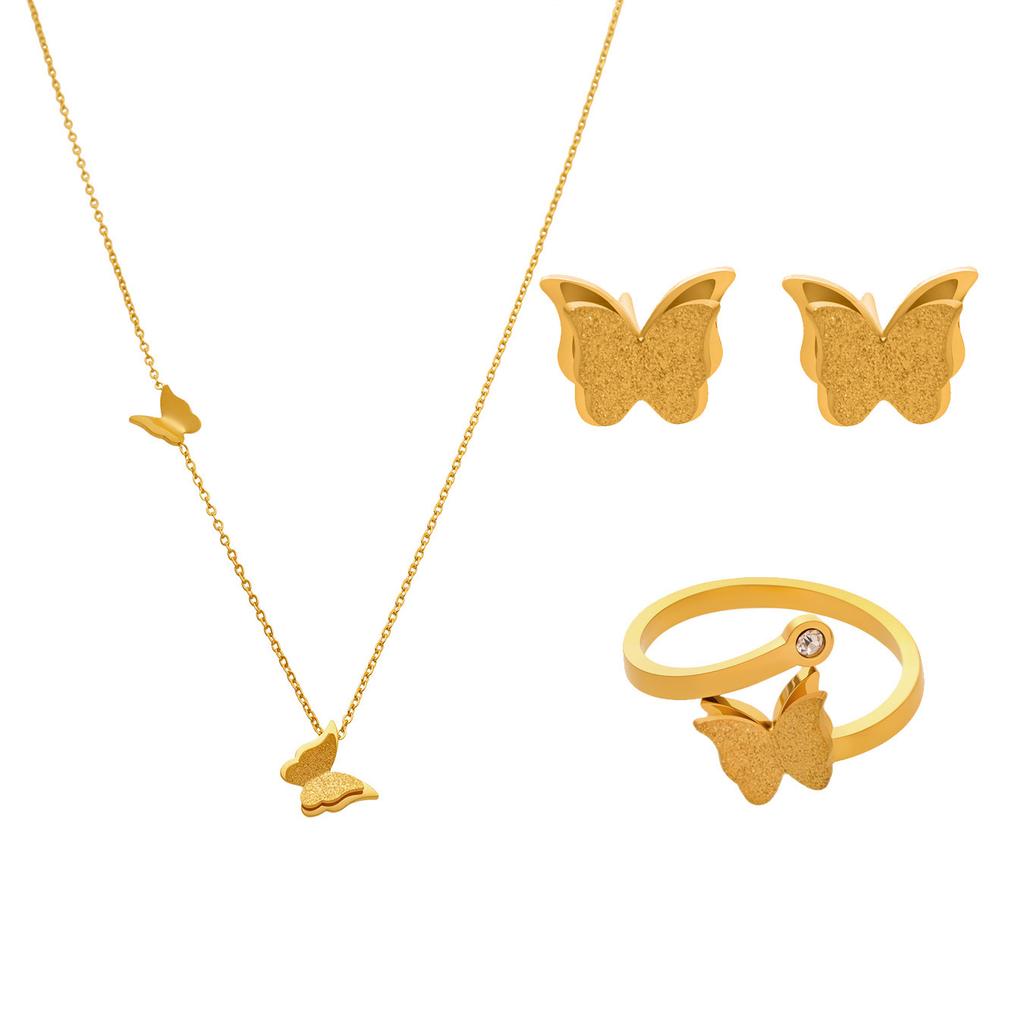 Butterfly Stud Earring Rings Necklace In 18k Gold Plated Stainless Steel Chain Necklaces Matching Ring Ear Studs For Women