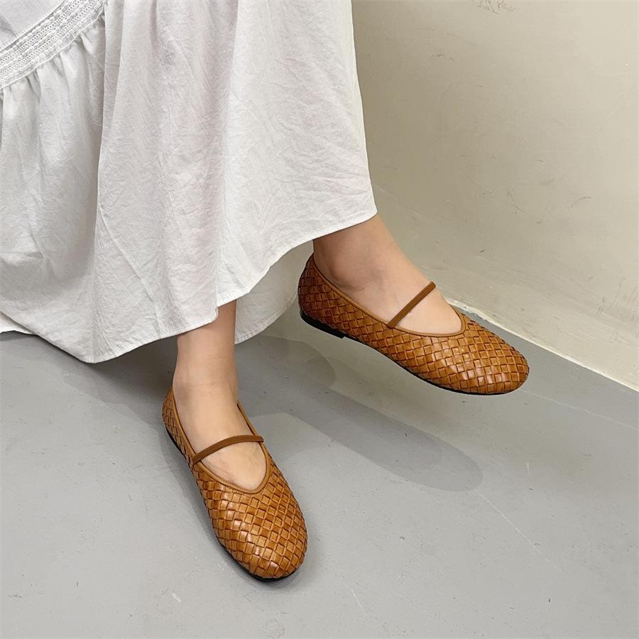 Johnature Retro-Schuhe aus handgefertigtem Echtleder mit Webmuster, flache, runde Zehenpartie, weiche Sohle, Damen-Schlupfschuhe