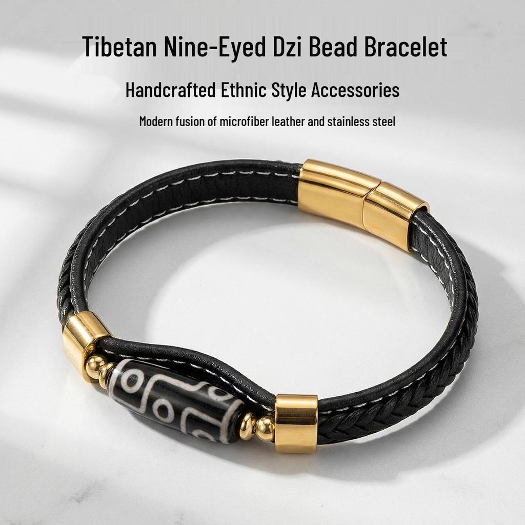 Pulsera de Cuero con Cuenta Dzi Tibetana de Nueve Ojos: Amuleto de la Suerte Estilo Étnico para Parejas