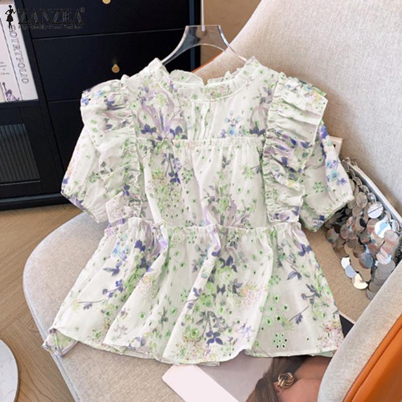 

ZANZEA Женские повседневные блузки с круглым вырезом и коротким рукавом с цветочным принтом S синий