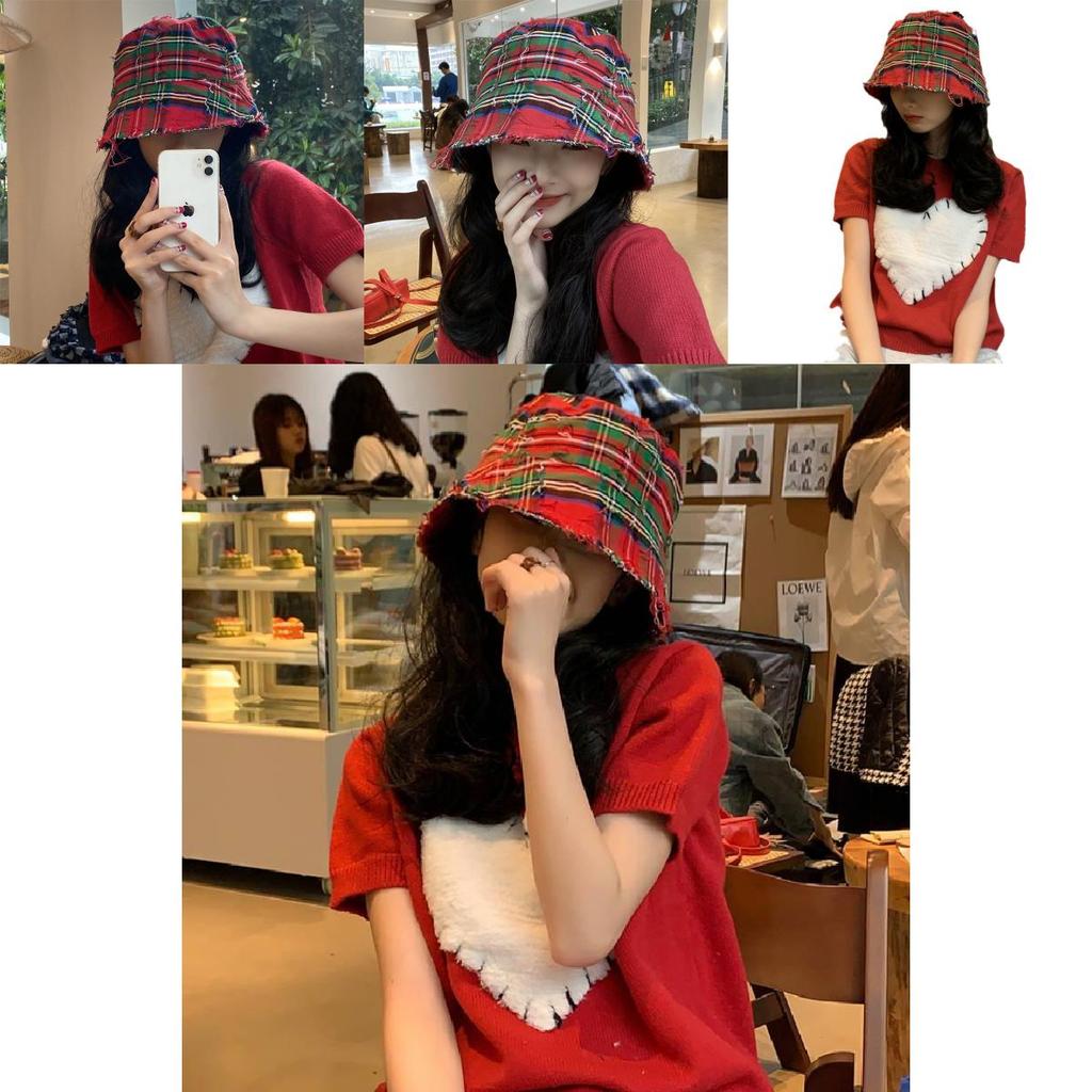 Chic Red Plaid Bucket Hat For Women Vintage Style Sun Protection Breathable Cotton
