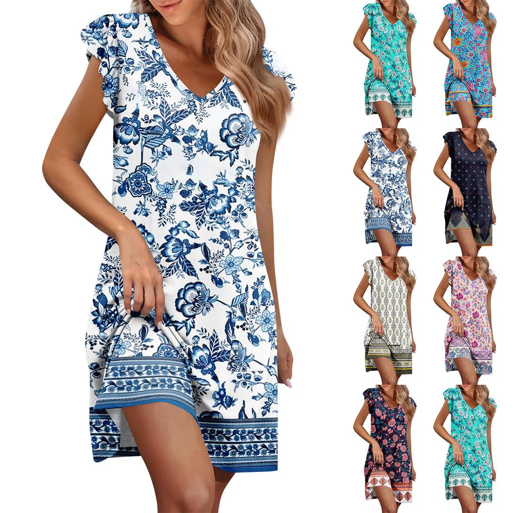 Womens Summer Dress Ruffle Sleeve V Neck Short Dresses Fashion Casual Flowy A Line Swing Sundress With Pocket