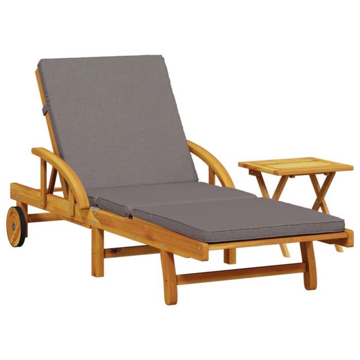 VidaXL Chaise longue avec coussin et table bois d'acacia massif, lit de bronzage, chaise longue d'extérieur, lit de jour 3206363