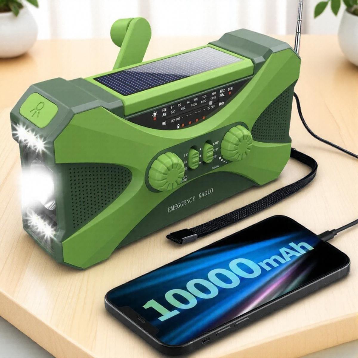 

Аварийное радио с ручным заводом 10000 мАч AM FM NOAA Фонарик Солнечное зарядное устройство Портативный генератор энергии для подготовки к стихийным бедствиям зелёный