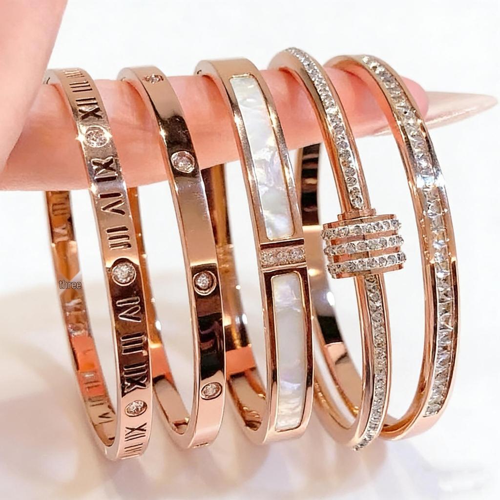 18K Gold Diamond-Inlaid Titanium Steel Bracelet, Women's Niche Luxury Design, Stainless Steel Hollow Letter Style.