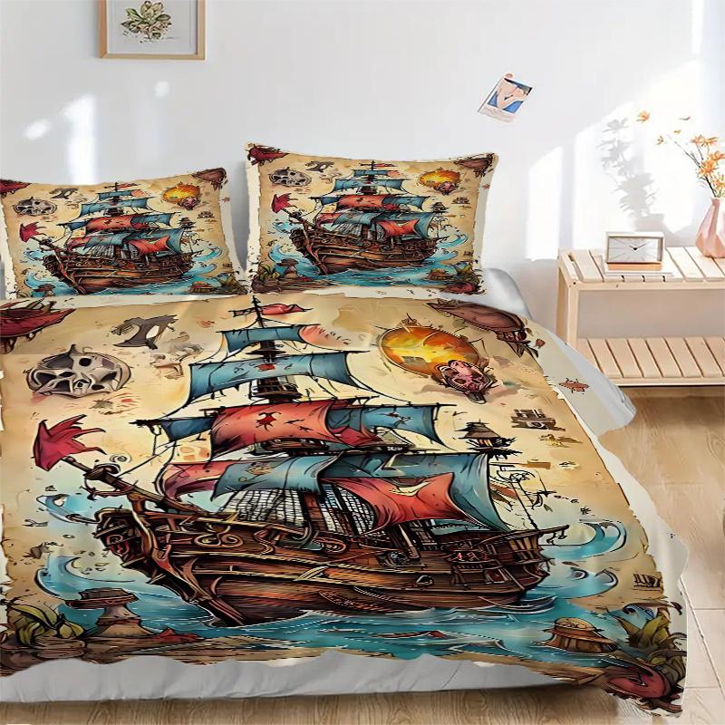 3pcs Pirate Ship Adventure Bedding Set - Includes One Quilt Cover and Two Pillowcases (No Core) - Perfect for Home Decor, Festive Gifts, Polyester Fab