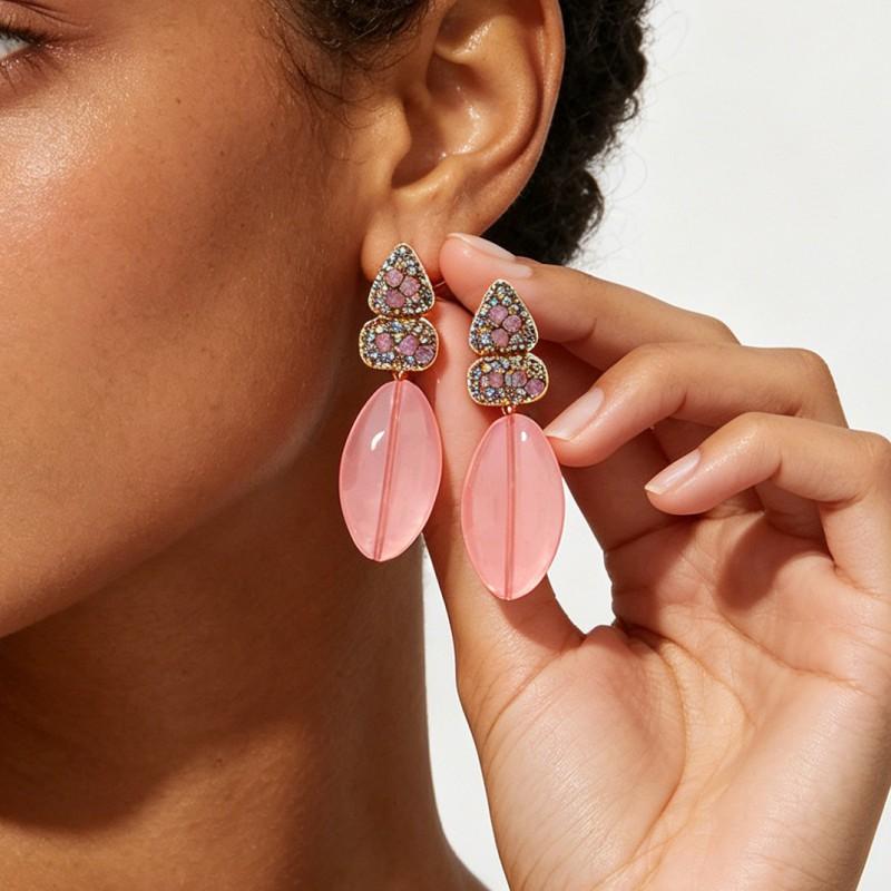 Geometric Layered Drop Earrings With Rhinestone Accents Bold Statement Jewelry Women Blue Green Pink Purple