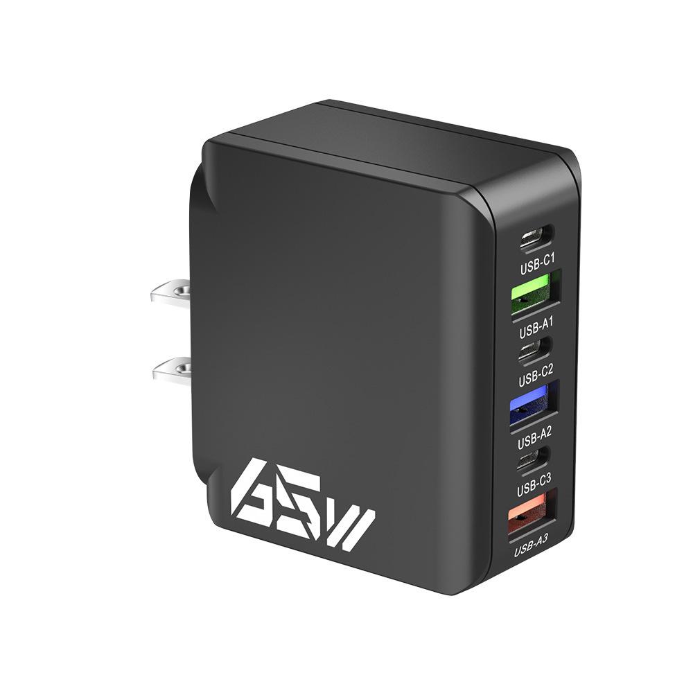 65W Multi-port Charger: 3 PD + 3 USB Ports, Compatible with US/EU/UK Standards, C Port Adapter
