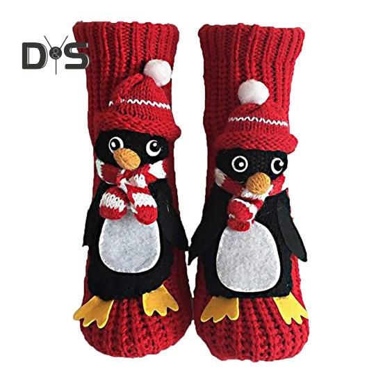 

1 пара зимних носков с 3D-принтом с животными из мультфильмов, вязаные нескользящие утолщенные эластичные теплые носки средней длины с подошвой в силиконовые точки красный