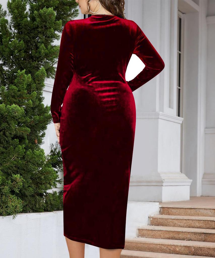 Plus Size Velvet Bodycon Dress - Long Sleeve, Pleated, Deep V Neck for Parties & Cocktails